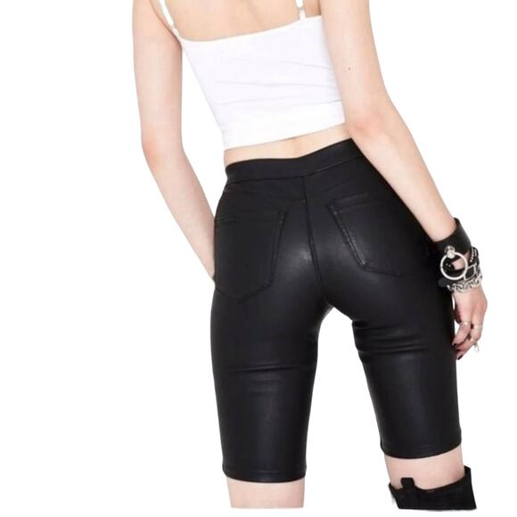 BLANKNYC Vegan Leather Bike shorts Stretch black Sz 26 banded waist flat front - Picture 2 of 15